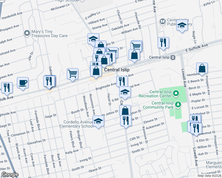 map of restaurants, bars, coffee shops, grocery stores, and more near 8 Hazel Street in Central Islip