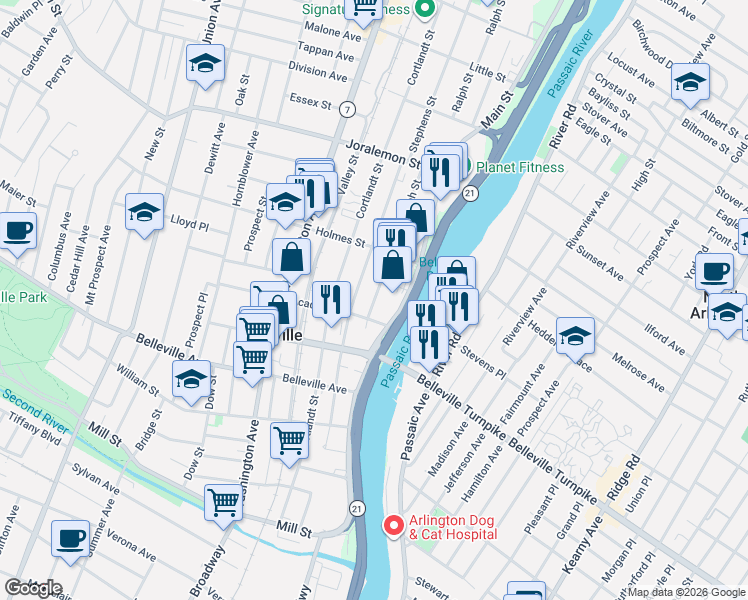 map of restaurants, bars, coffee shops, grocery stores, and more near 223 Main Street in Belleville