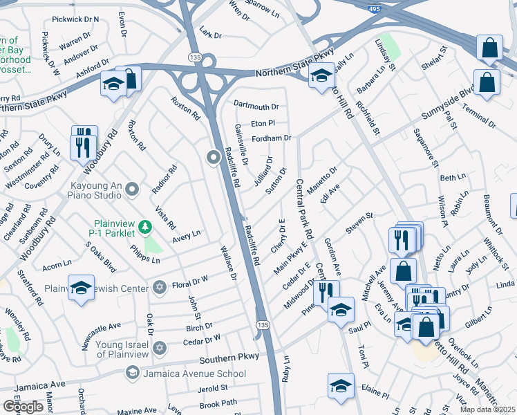 map of restaurants, bars, coffee shops, grocery stores, and more near 27 Northern Parkway West in Plainview