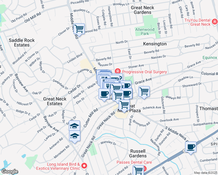 map of restaurants, bars, coffee shops, grocery stores, and more near 58 Middle Neck Road in Great Neck