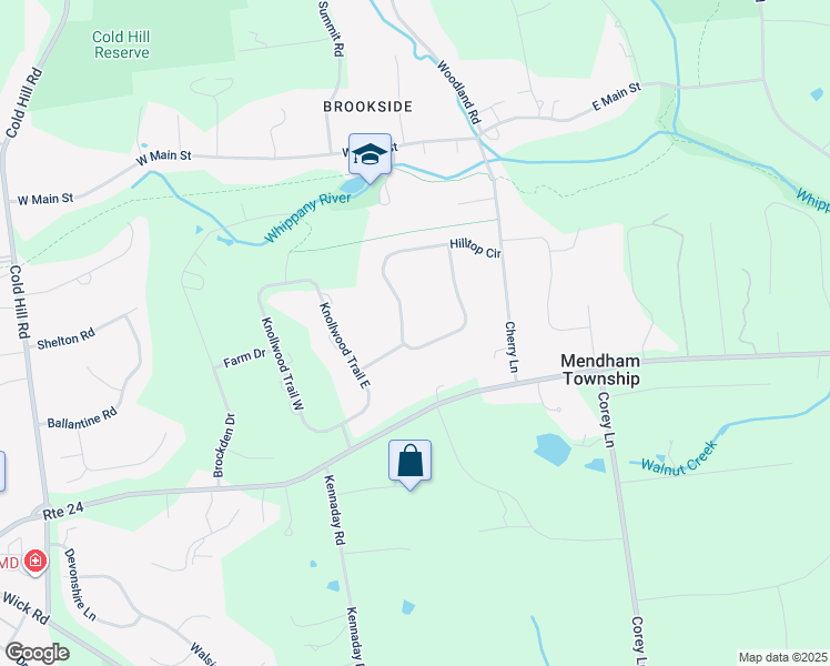 map of restaurants, bars, coffee shops, grocery stores, and more near 27 Hilltop Circle in Mendham