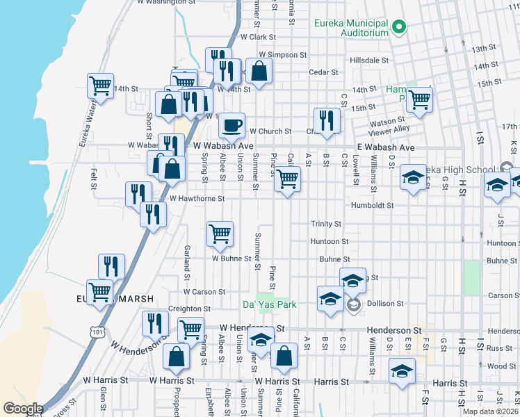 map of restaurants, bars, coffee shops, grocery stores, and more near 2162 Union Street in Eureka