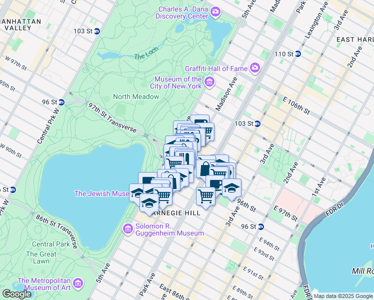 map of restaurants, bars, coffee shops, grocery stores, and more near 12 East 97th Street in New York