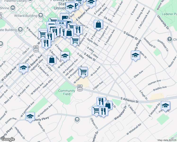 map of restaurants, bars, coffee shops, grocery stores, and more near 160 West Hamilton Avenue in State College