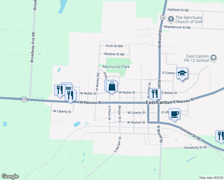 map of restaurants, bars, coffee shops, grocery stores, and more near 341 East Noble Street in East Canton