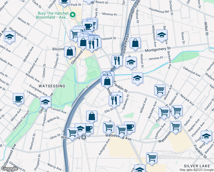 map of restaurants, bars, coffee shops, grocery stores, and more near 401 Bloomfield Avenue in Bloomfield