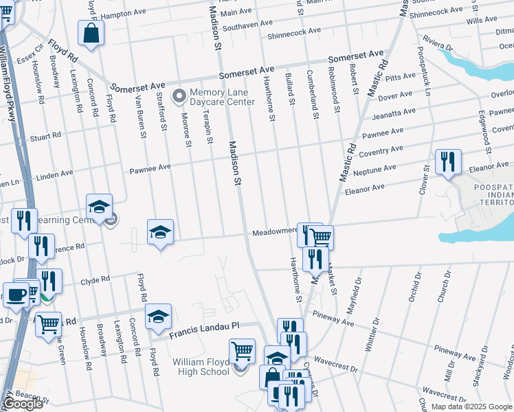map of restaurants, bars, coffee shops, grocery stores, and more near 205 Madison Street in Mastic
