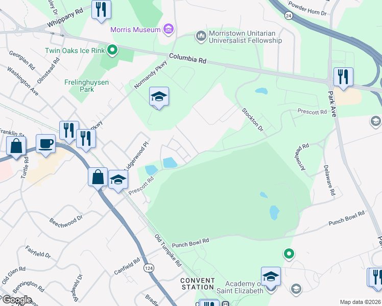 map of restaurants, bars, coffee shops, grocery stores, and more near 13 Warren Drive in Morristown