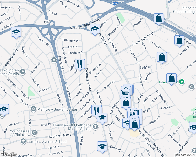 map of restaurants, bars, coffee shops, grocery stores, and more near 38 Main Parkway in Plainview