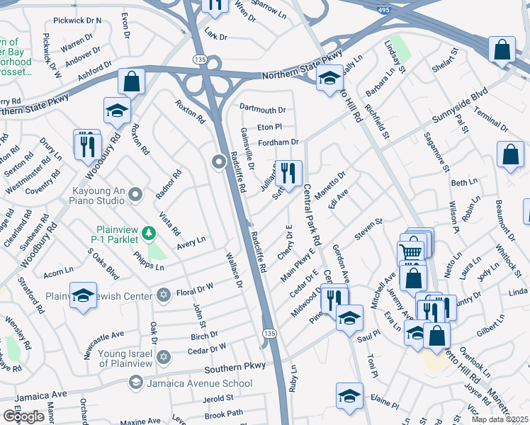 map of restaurants, bars, coffee shops, grocery stores, and more near 27 Northern Parkway West in Plainview