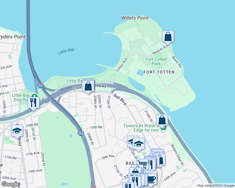 map of restaurants, bars, coffee shops, grocery stores, and more near 13-15 212th Street in Queens