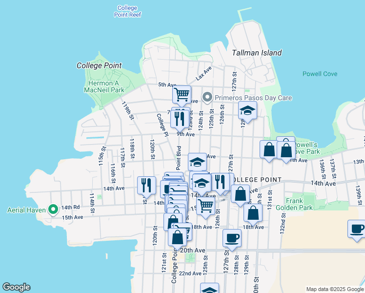 map of restaurants, bars, coffee shops, grocery stores, and more near 122-13 11th Avenue in Queens