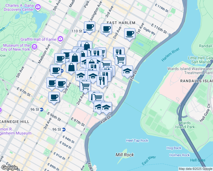 map of restaurants, bars, coffee shops, grocery stores, and more near in New York