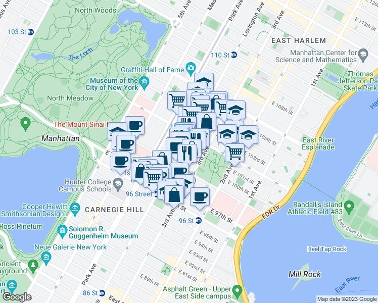 map of restaurants, bars, coffee shops, grocery stores, and more near in New York
