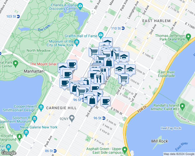 map of restaurants, bars, coffee shops, grocery stores, and more near 160 East 100th Street in New York