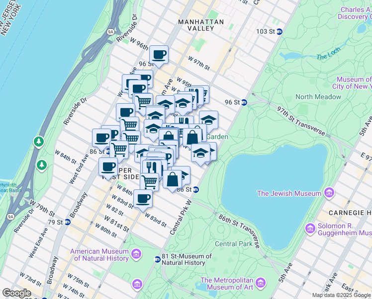 map of restaurants, bars, coffee shops, grocery stores, and more near 47 West 89th Street in New York
