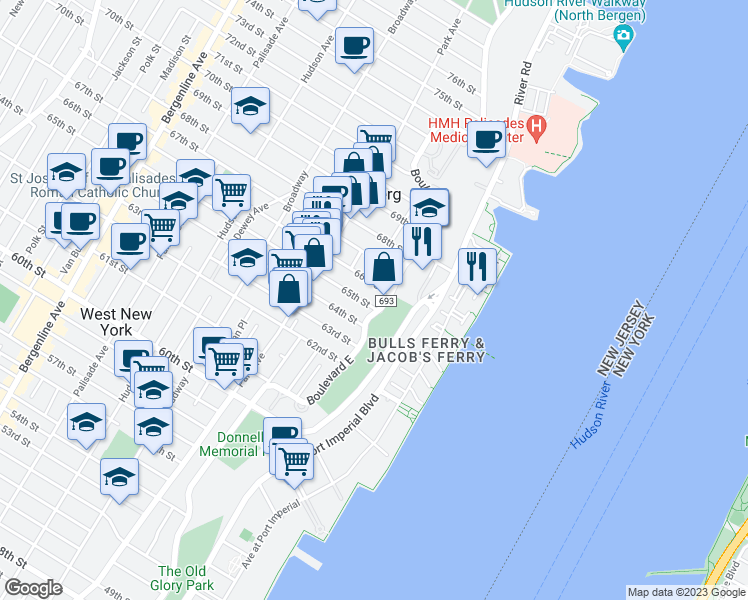 map of restaurants, bars, coffee shops, grocery stores, and more near 6400 River Road in West New York