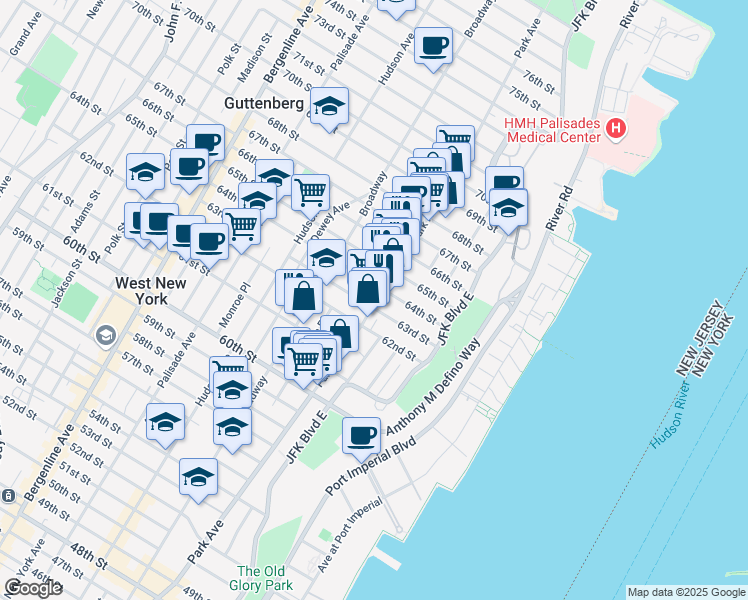 map of restaurants, bars, coffee shops, grocery stores, and more near 6311 Park Avenue in West New York