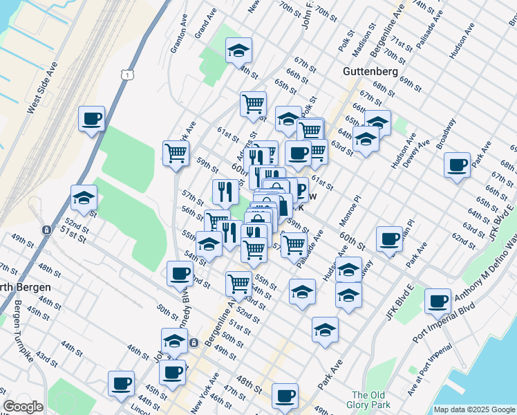 map of restaurants, bars, coffee shops, grocery stores, and more near 5713 Madison Street in West New York
