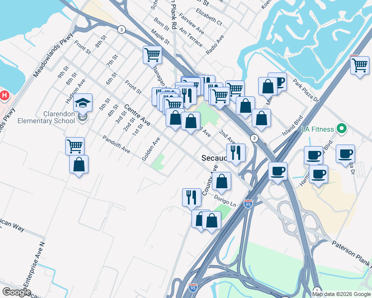 map of restaurants, bars, coffee shops, grocery stores, and more near 729 Chestnut Street in Secaucus