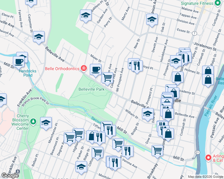 map of restaurants, bars, coffee shops, grocery stores, and more near 57 Parkside Drive in Belleville