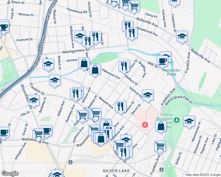 map of restaurants, bars, coffee shops, grocery stores, and more near 172 Harrison Street in Bloomfield