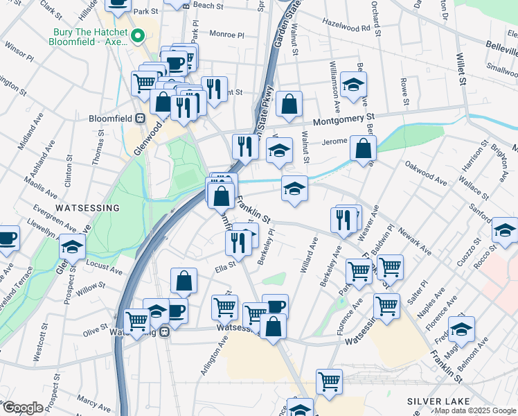 map of restaurants, bars, coffee shops, grocery stores, and more near 258 Franklin Street in Bloomfield