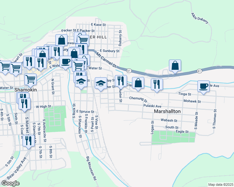 map of restaurants, bars, coffee shops, grocery stores, and more near 1001-1003 E Chestnut St in Shamokin