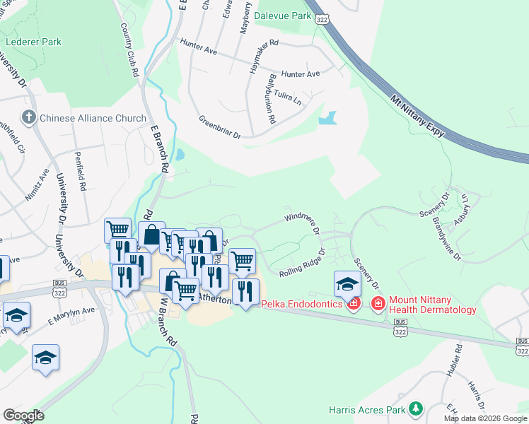 map of restaurants, bars, coffee shops, grocery stores, and more near 383 Rolling Ridge Drive in State College