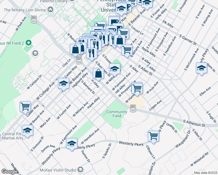 map of restaurants, bars, coffee shops, grocery stores, and more near 426 South Atherton Street in State College