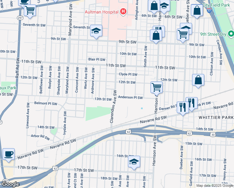 map of restaurants, bars, coffee shops, grocery stores, and more near 1250 Bedford Avenue Southwest in Canton