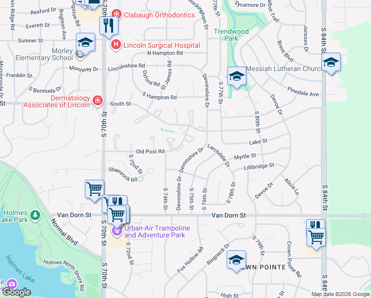 map of restaurants, bars, coffee shops, grocery stores, and more near 2315 Devonshire Drive in Lincoln