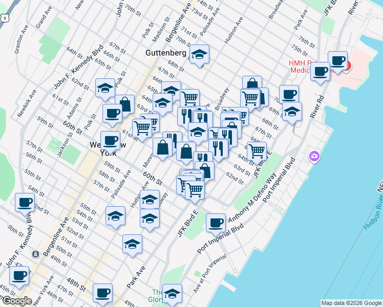 map of restaurants, bars, coffee shops, grocery stores, and more near 165 62nd Street in West New York