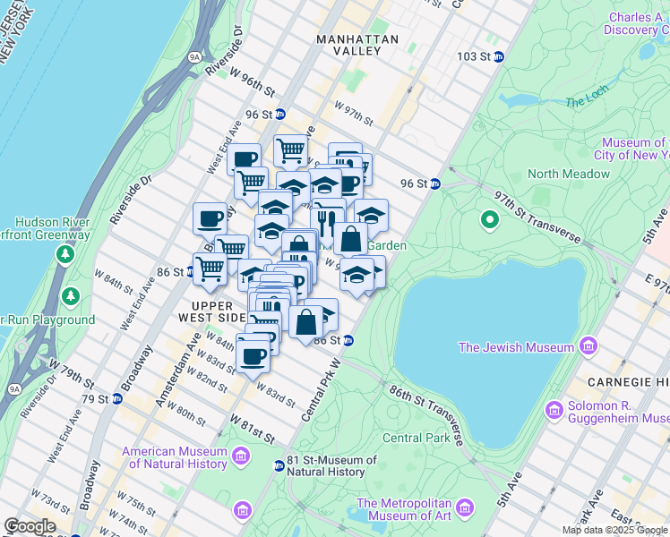 map of restaurants, bars, coffee shops, grocery stores, and more near 50 West 90th Street in New York