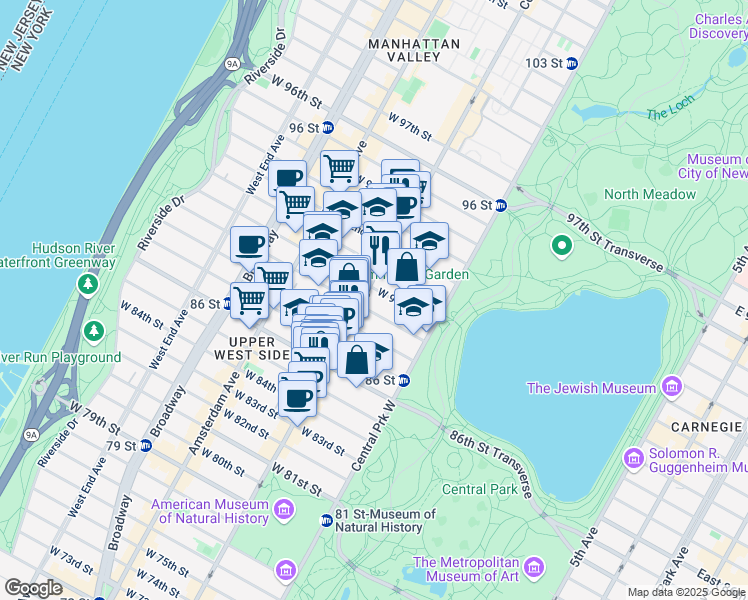 map of restaurants, bars, coffee shops, grocery stores, and more near 47 West 89th Street in New York