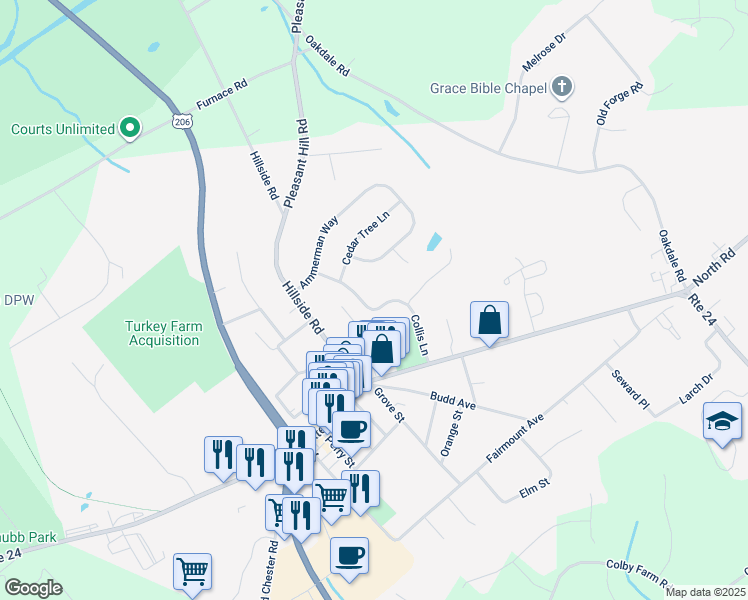 map of restaurants, bars, coffee shops, grocery stores, and more near 70 Collis Lane in Chester