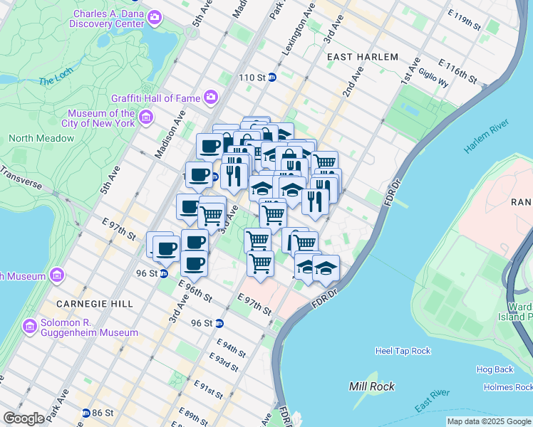 map of restaurants, bars, coffee shops, grocery stores, and more near 227 East 102nd Street in New York