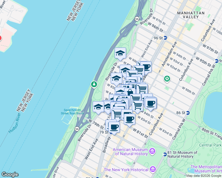 map of restaurants, bars, coffee shops, grocery stores, and more near 340 West 85th Street in New York