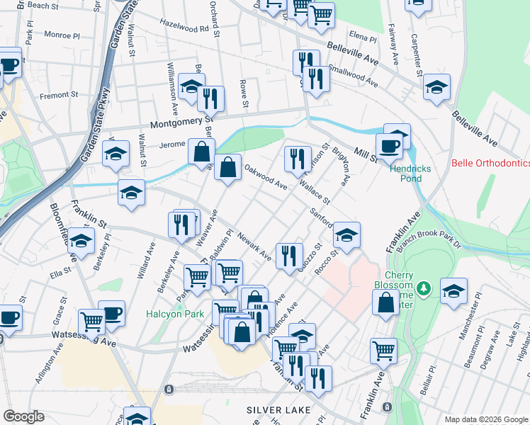 map of restaurants, bars, coffee shops, grocery stores, and more near 172 Harrison Street in Bloomfield