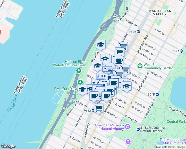 map of restaurants, bars, coffee shops, grocery stores, and more near 340 West 85th Street in New York