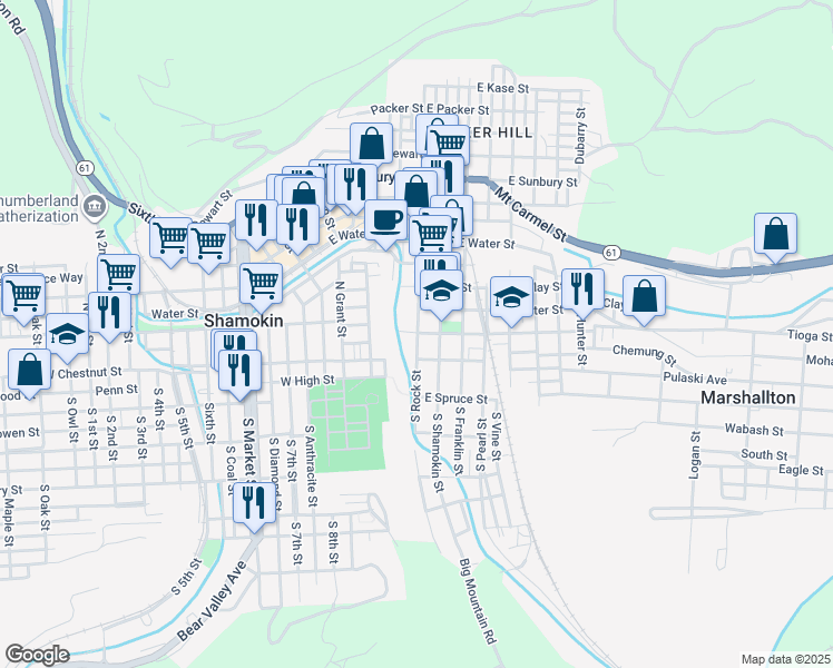 map of restaurants, bars, coffee shops, grocery stores, and more near 132 North Rock Street in Shamokin
