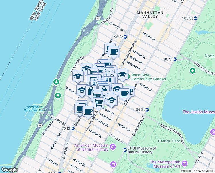 map of restaurants, bars, coffee shops, grocery stores, and more near 201 West 87th Street in New York