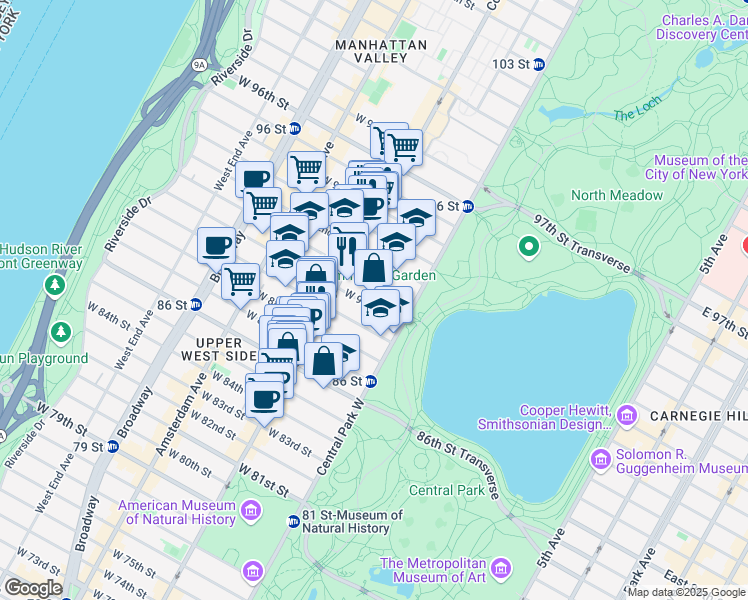 map of restaurants, bars, coffee shops, grocery stores, and more near 295 Central Park West in New York