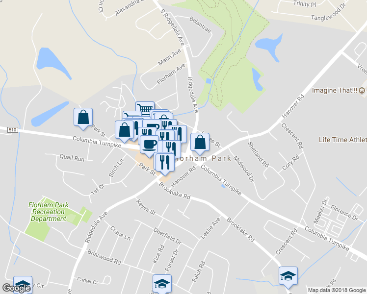map of restaurants, bars, coffee shops, grocery stores, and more near 203 Ridgedale Avenue in Florham Park