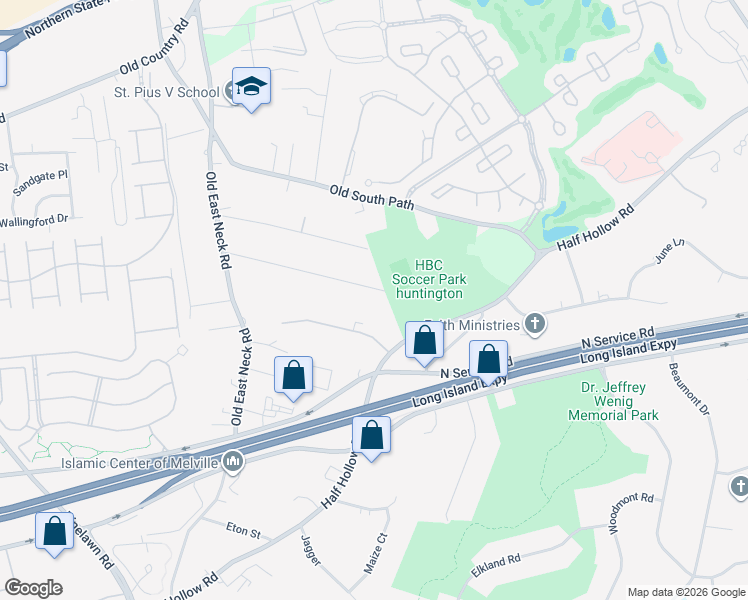 map of restaurants, bars, coffee shops, grocery stores, and more near 6 Alley Pond Court in Huntington Station