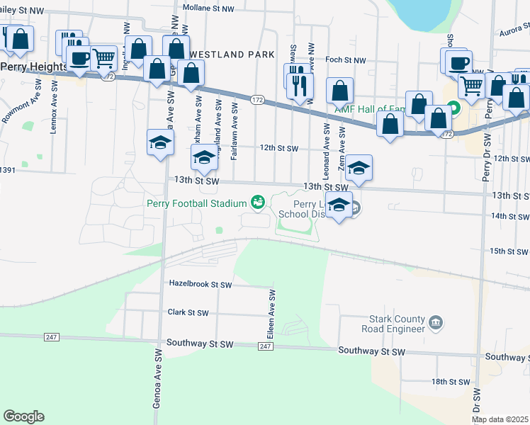 map of restaurants, bars, coffee shops, grocery stores, and more near 3737 13th Street Southwest in Massillon