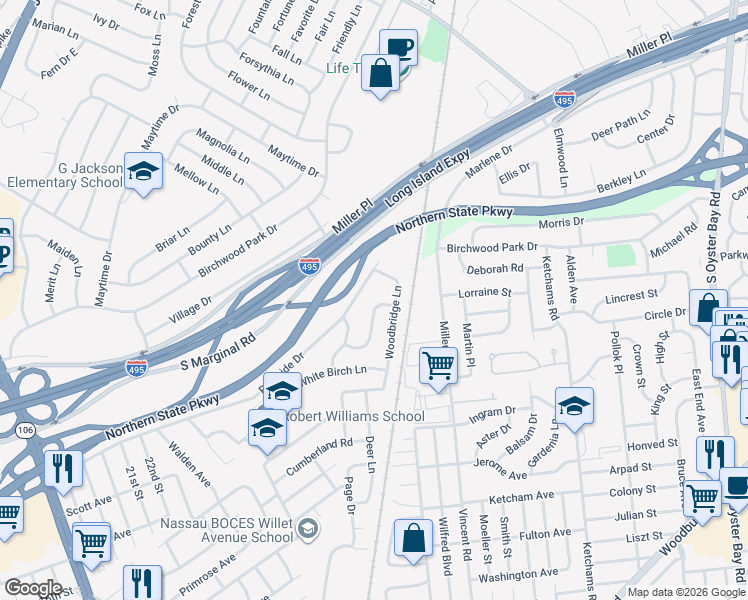 map of restaurants, bars, coffee shops, grocery stores, and more near 722 Carlisle Road in Jericho