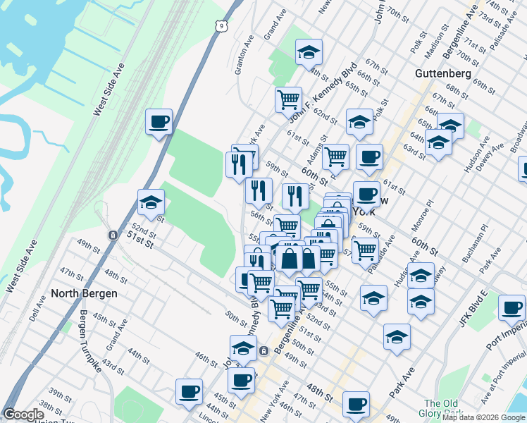 map of restaurants, bars, coffee shops, grocery stores, and more near 5609 Jefferson Street in West New York
