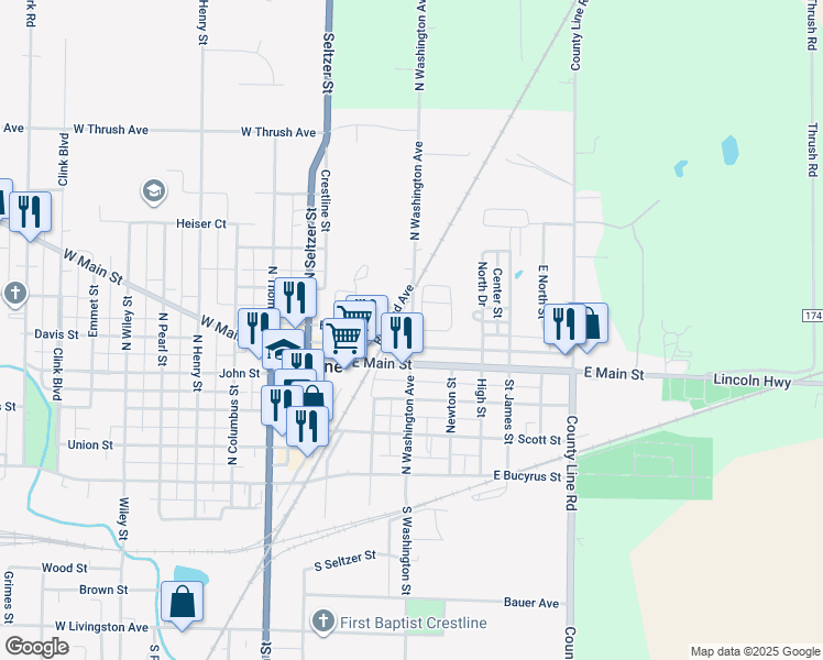map of restaurants, bars, coffee shops, grocery stores, and more near 500 North Washington Avenue in Crestline