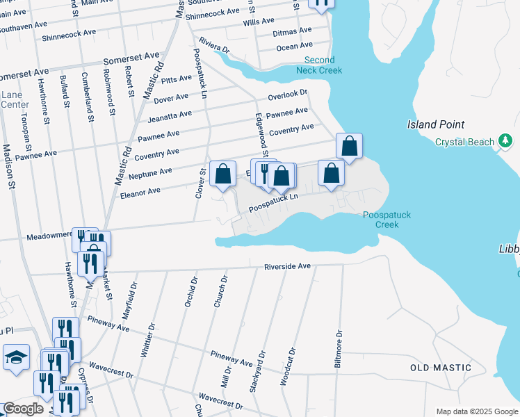 map of restaurants, bars, coffee shops, grocery stores, and more near 136 Poospatuck Lane in Mastic